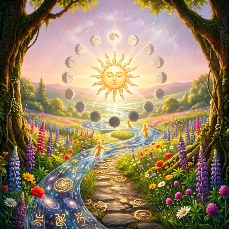 Eine strahlende Sonne umgeben von den 13 Mondphasen über einem Flussweg in einer blühenden Naturlandschaft zur Darstellung der natürlichen Zeit.